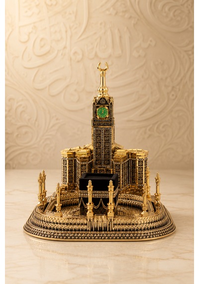 Mescid-i Gold Dekoratif Biblo 28x26 Cm Kâbe Saat Kulesi Polyester İslami Ev Ve Ofis Dekoru 1