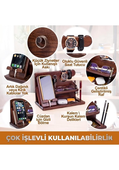 Maccif%100 Masif Maun Ahşap Masaüstü Düzenleyici Erkek Telefon Standı, Saat, Anahtar Ve Kalem Bölmeli Organiza Genel