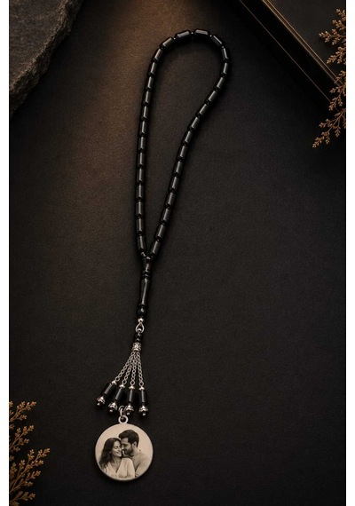 Kişiye Özel Doğal Kehribar Tesbih Resim Kazıma Detaylı Siyah