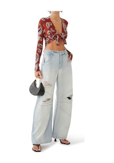 Rabanne Uzun Kollu Desenli Crop Top Kırmızı