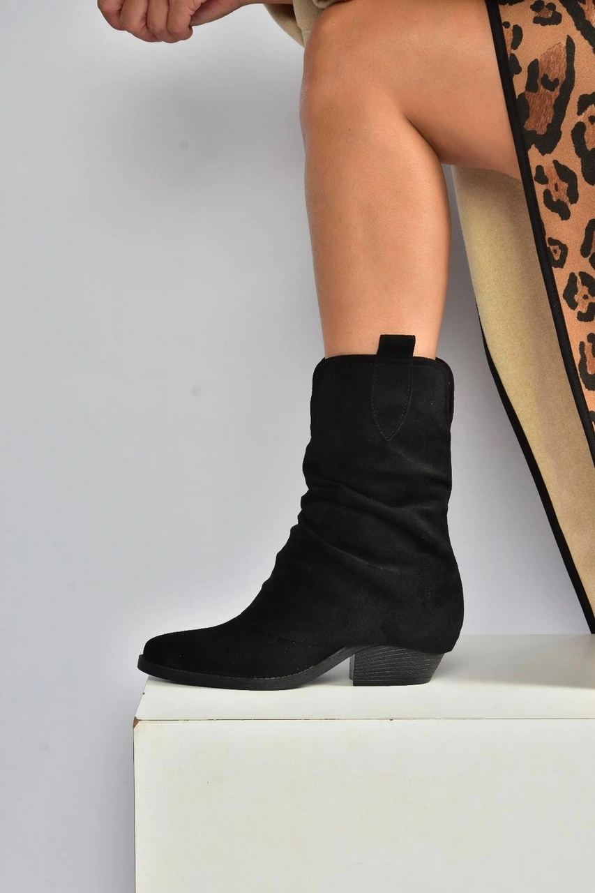 Fox Shoes V404041002 Siyah Süet Kalın Topuklu Kadın Bot Siyah-Süet
