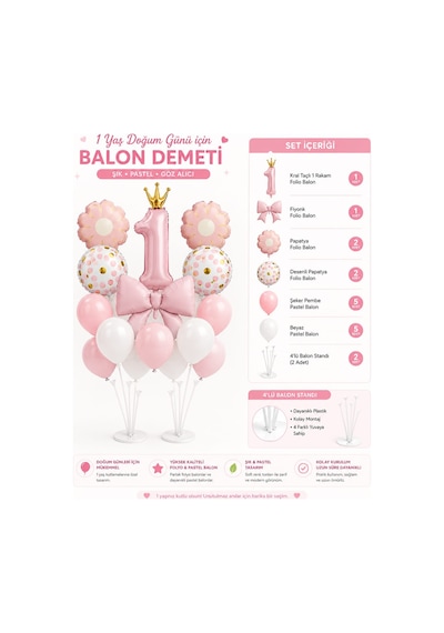 Pembe Doğum Günü Seti Fiyonklu Folyo 1 Yaş Retro Konsept Balon Kutlama Eğlence Çok Renkli