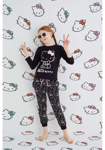 Hello Kitty Kız Çocuk Siyah Kız Uzun Kol Pamuklu Pijama Takımı Renklı