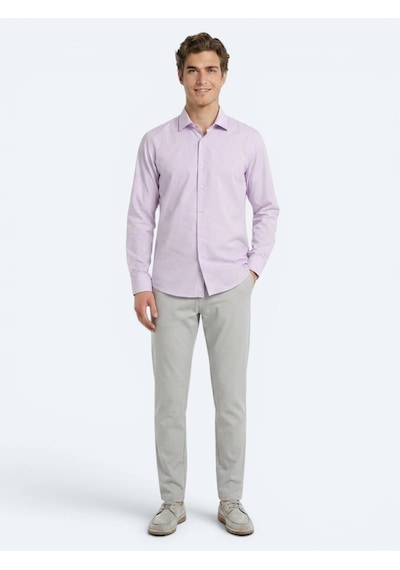 Kip Açık Pembe Regular Fit Uzun Dokuma Casual Pamuk Karışımlı Gömlek