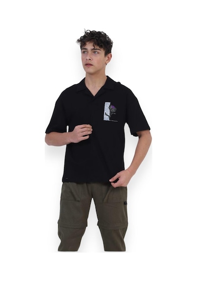 Zekids Erkek Çocuk Pamuklu Rahat Kesim Oversize Polo Yaka Tshırt-11813-siyah Siyah