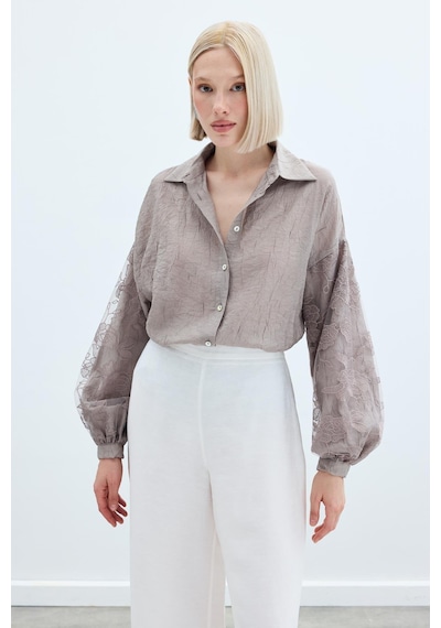 Sateen Nakış Detaylı Kraşlı Gömlek - Vizon-136257 Vizon