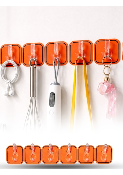 6'lı Turuncu Yapışkanlı Duvar Askısı Bornoz Havlu Mutfak Banyo Organizer 35 cm