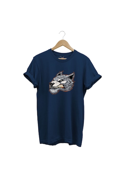 Kızgın Agresif Kurt Tasarım Baskılı %100 Pamuk Regular Fit Bisiklet Yaka Premium Lacivert T-shirt Lacivert