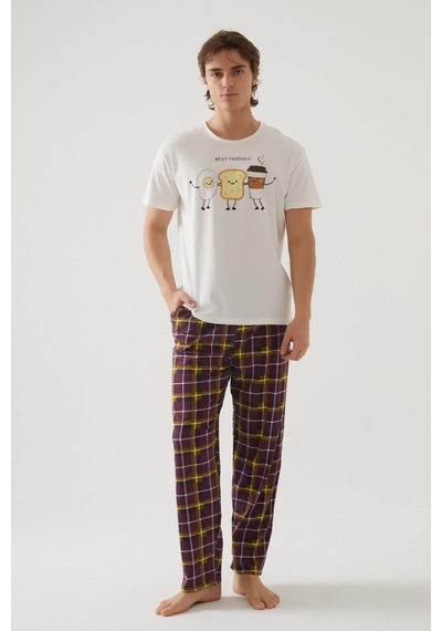 Erkek Kısa Kollu Pamuklu Ekose Desenli Breakfast Baskılı Pijama Takımı Ke30216 Sarı