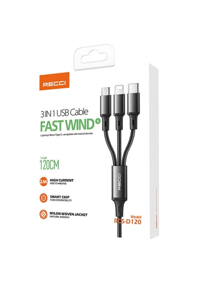 3in1 Çoklu Şarj Kablo Recci Rcs-d120 Fast Wind Serisi Lightning&type-c&micro Usb 1.2m Siyah