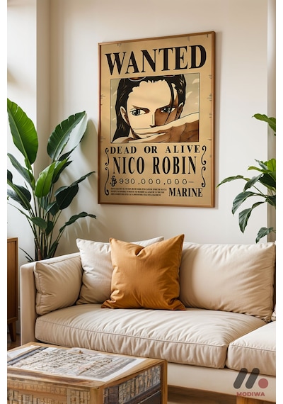 One Piece Nico Robin Wanted Poster, Ahşap Çerçeveli Duvar Tablosu - Anime Severlere Özel Hediye