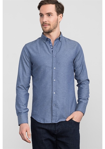Tudors Slim Fit Düğmeli Yaka Pamuklu Kolay Ütü Düz Erkek Gömlek-15029-lacivert Lacivert
