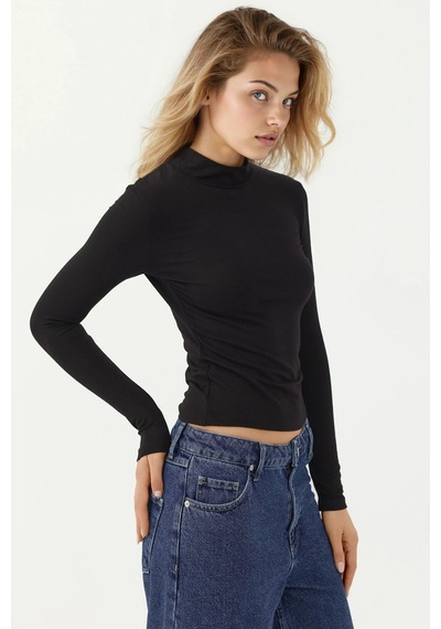 Hiccup Slim Fit Turtleneck Uzun Kollu Yumuşak Viskon Üst Siyah