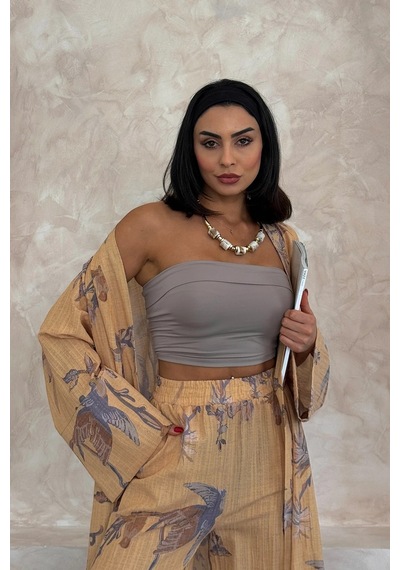 Fashion Cocktail Çiçek Yapraklı Baskılı Oversize Kimono Kaftan Lastikli Pantolon Doğal Gofre Bohem Takım Karamel Fashion Cocktail Çiçek Yapraklı Baskılı Oversize Kimono Kaftan Lastikli Pantolon Doğal Gofre Bohem Takım Karamel