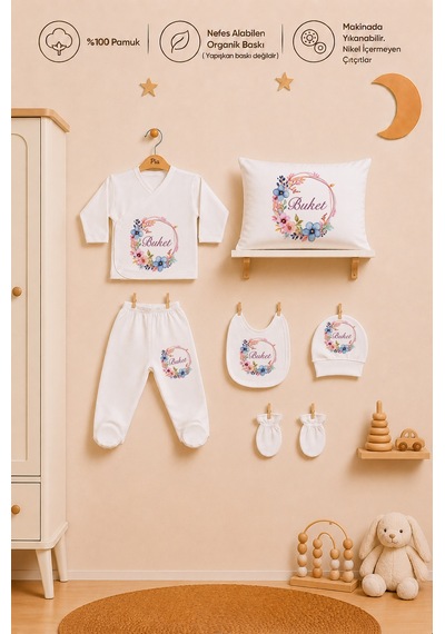 Pia Baby Kız Bebek 7 Parça Hastane Çıkışı Seti %100 Pamuk Kişiye Özel İsimli Zıbın Set 1036zyb3x Ekru