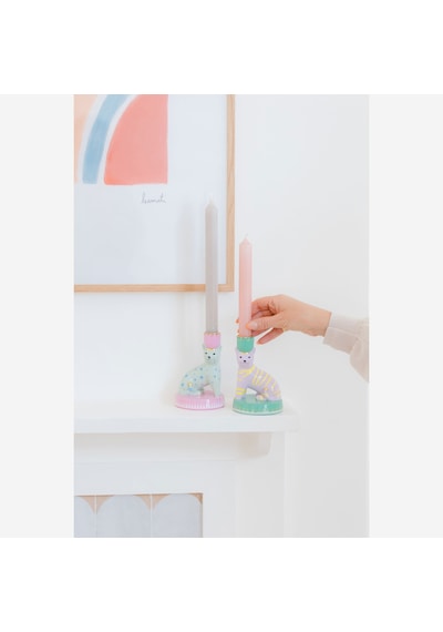 Kedi Formlu Yeşil Resin Alüminyum Mumluk 12x24 Cm