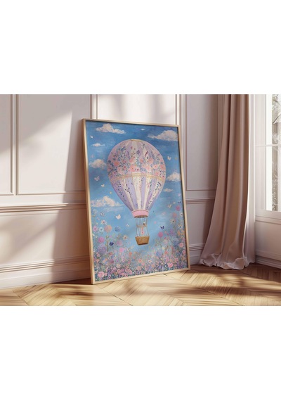 Hayalperest Çiçekli Sıcak Hava Balonu Sanat Baskısı Pastel Kır Evi Tarzı Maksimalist Çocuk Odası Duvar Dekoru