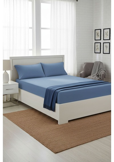 %100 Pamuk Ranforce Premium King Size Lastikli Çarşaf Seti - İndi İndigo