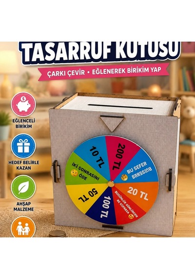 Şans Çarklı Ahşap Tasarruf Kutusu Para Biriktirme Oyunu