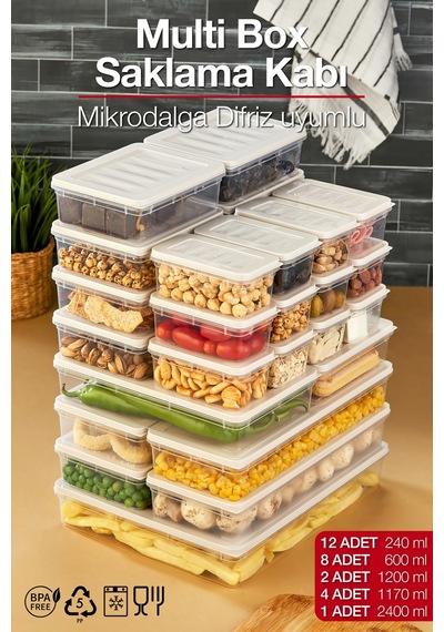 Multi Box 27 Parça 5 Farklı Boy Saklama Kabı Seti - Dondurucu & Mikrodalga Uyumlu Krem