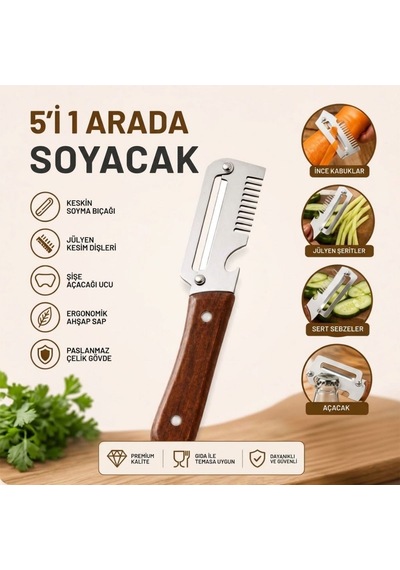 Buffer 5'i 1 Arada Çok Fonksiyonlu Sebze Ve Patates Soyucu, Paslanmaz Çelik Bıçaklı, Ahşap Saplı Mutfak Jülyen Diğer