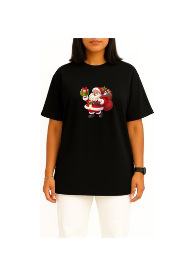 Bahriyeli Collection Oversize Noel Baba Yılbaşı Göğüs Baskılı Unisex T-shirt Siyah