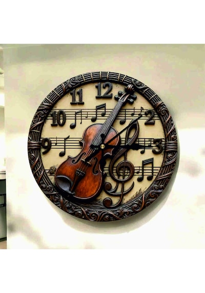 Keman Müzik Renkli Baskı Desenli Sayılı Hediyelik Ahşap Sessiz Tablo Duvar Saati 730 Çok Renkli
