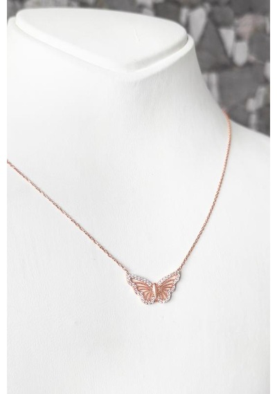 Beyaz Taşlı Kelebek Gümüş Kolye Rose Gold