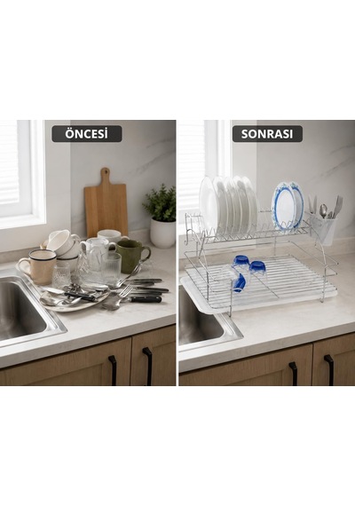 Ece Metal Deluxe Bulaşık Sepeti 2 Katlı Paslanmaz Bulaşık Sepeti