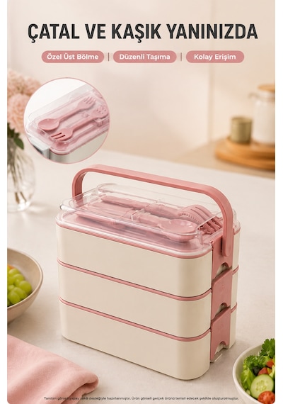 Pembe 3 Katlı Beslenme Kutusu Çatal Kaşık Dahil Kilitli Kapaklı Taşıma Saplı Yemek Saklama Kabı Seti
