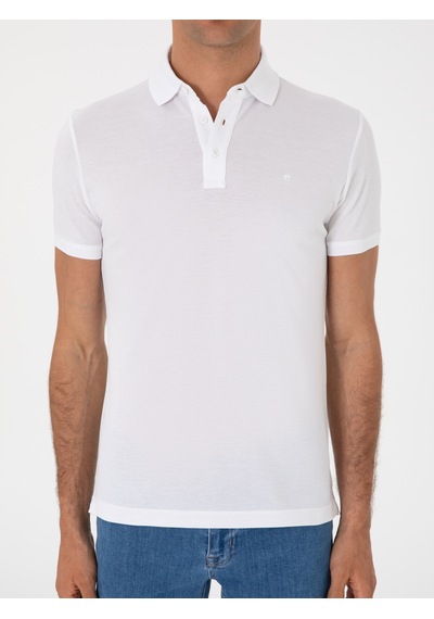 Beyaz Slim Fit Polo Yaka Pamuklu Basic T-shirt