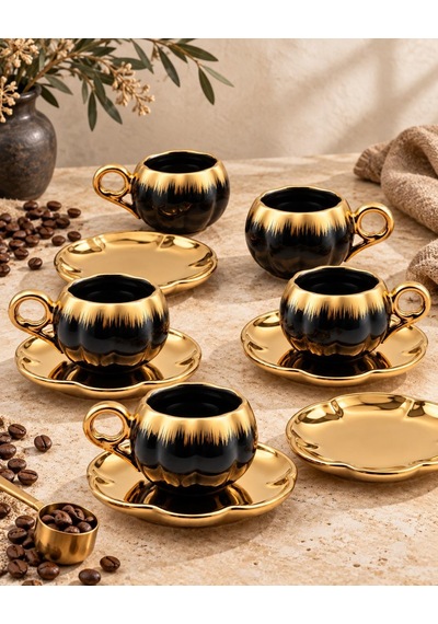 Valkyrie 6 Kişilik Siyah Gold Balkabağı Model Türk Kahvesi Fincan Takımı 12 Parça 80 Ml Çeyizlik Siyah