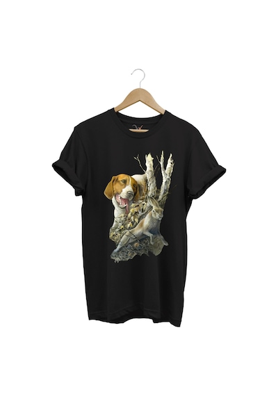 Avcılık Avcı Köpeği Ve Tavşan Baskılı Orman Temalı Pamuk Regular Fit Siyah T-shirt Siyah
