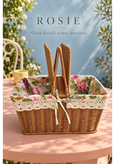 Rosıe Çiçek Desen Kumaşlı Dikdörtgen Piknik Sepeti 38 Cm Karışık