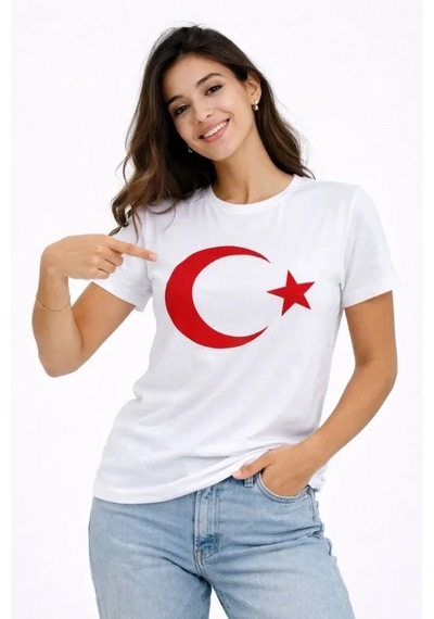 Vexor T-shirt Kısa Kol Bisiklet Yaka Ay Yıldız Bayrak Baskılı Tişört - Beyaz