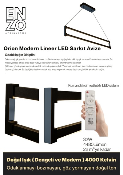 Orion Füme Lineer Led Sarkıt Avize Kumandalı Dim Edilebilir Aşağı Işık Doğal Işık