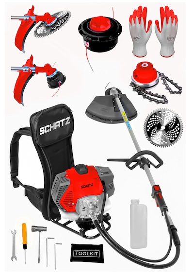 Schatz 5.9 Hp Sırt Tipi Benzinli Motorlu Ot Çalı Çim Biçme Tırpanı 11000rpm Kırmızı + Canavar Başlık