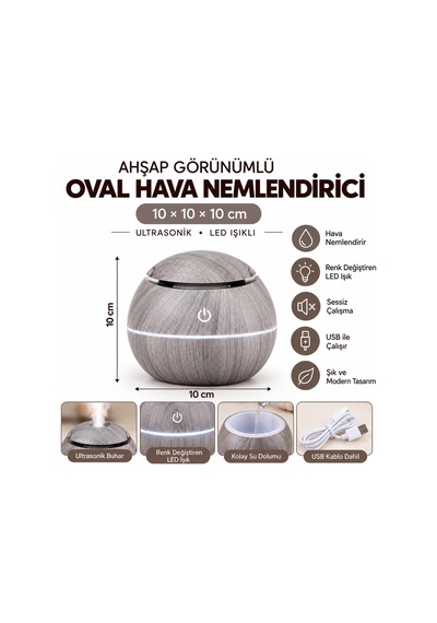 Ahşap Görünümlü Ultrasonik Hava Nemlendirici Aroma Difüzör Led Işıklı Usb Oval Beyaz