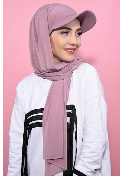ALDAIYR Şapkalı Boneli Hazır Şal Hijab Sandy Koyu Gülkurusu