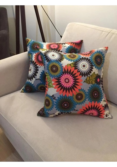 Geometrik Çiçek Baskılı Pamuk Kumaş Krem Kırlent 45x45 Cm Ikili - 810 45 x 45