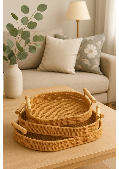 Natura - 3'lü Oval Rattan Hasır Servis Ve Sunum Tepsisi Seti Ahşap Saplı Dekoratif Tepsi Bej