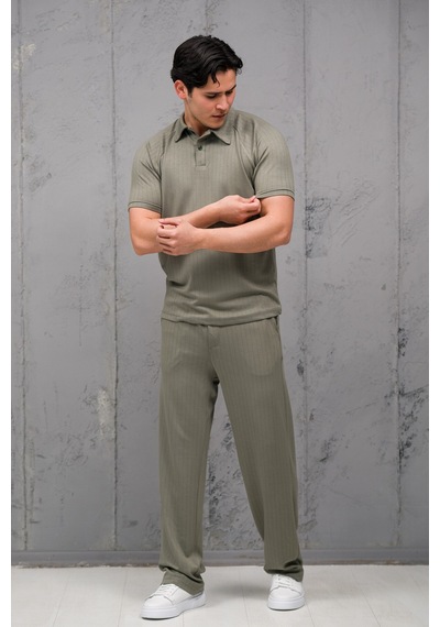 Mass Plus Regular Fit Likralı Kendinden Çizgili Yarım Baggy Pantolonlu T-shirt Takım Yeşil