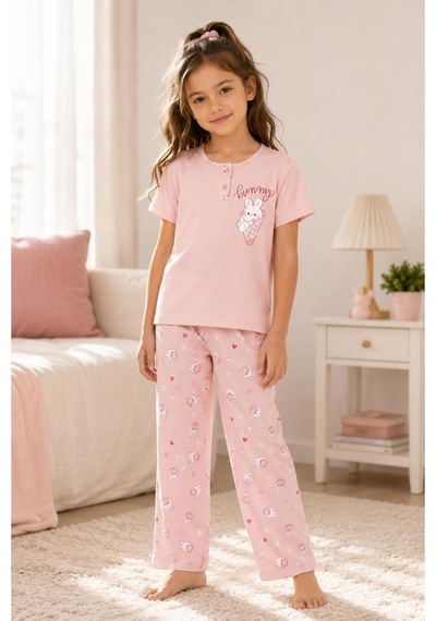 Pijamask Kız Çocuk Baskılı Pamuklu Kısa Kollu Yazlık Pijama Takımı Pembe