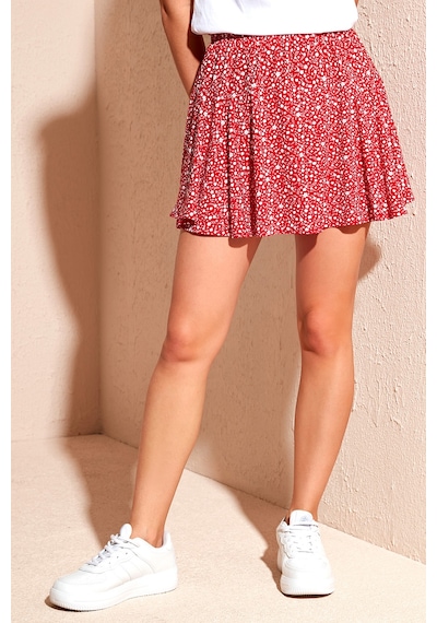 Lela Beli Lastikli Mini Şort Bayan Etek 5864024 Kırmızı-Beyaz