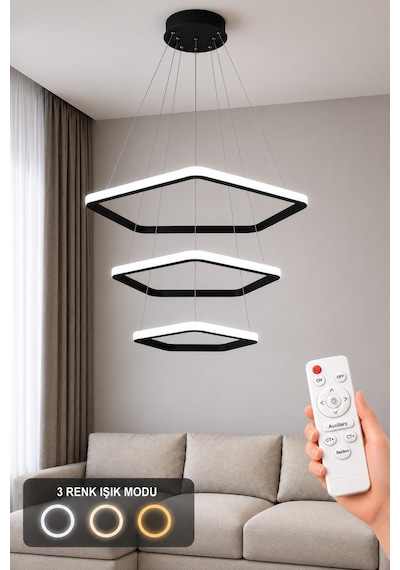 AvizeGO Titan 3'lü Led Sarkıt Avize 3 Renk Kumandalı Siyah