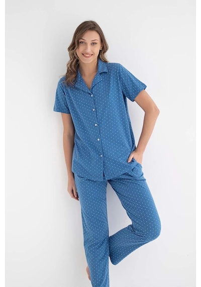 Senfoni Kadın Gömlek Yaka Kısa Kol Pamuklu Pijama Takımı 6011 -1 Adet 001