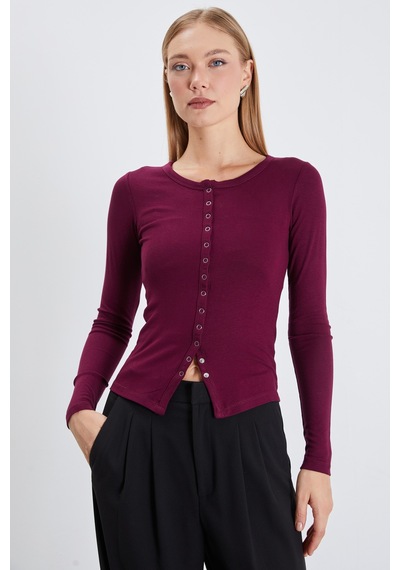 Fullamoda Önü Çıtçıtlı Ribanalı Slim Fit Bluz Mürdüm