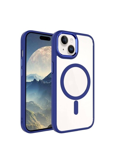 Apple Uyumlu iPhone 15 Plus Kılıf Wireless Şarj Özellikli Zore Krom M-safe Silikon Kapak Lacivert