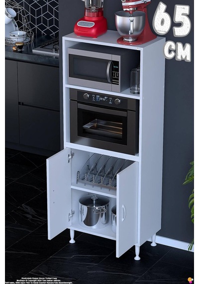 Duru 65 Cm Çift Kapaklı Mutfak Kiler Dolabı Raflı Mikrodalga Fırın Standı Banyo Dolabı 65x150x32 Cm Beyaz