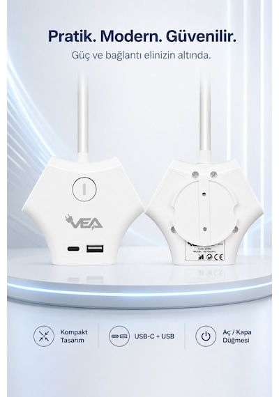 3'lü Grup Priz 2 Usb Type-c Girişli Ayrı Anahtarlı 1.5 Metre Uzatma Kablosu 16a 3680w Ev Ofis Duvar Monteli 0